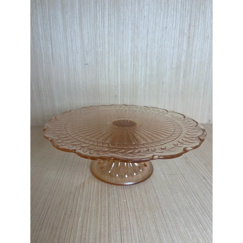 Vintage Pink Depression Glass Cake Stand Laurel Leaf Embossed Pedestal Stand